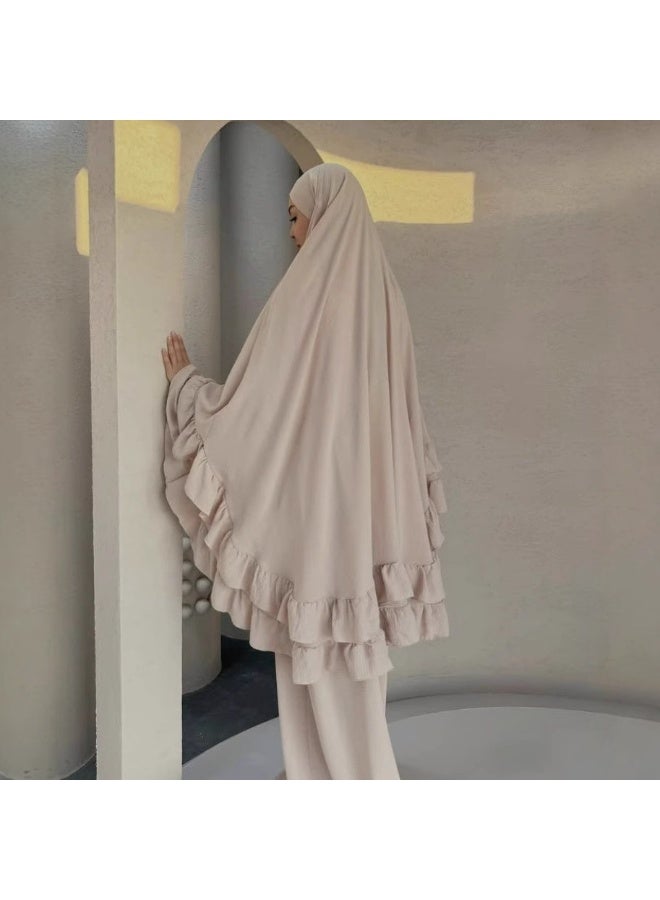 مجموعة رداء مسلم طويل بقصّة الأكمام المخططة وشال الرأس، ارتداء أنيق وعفوي للاستجابة، تشمل التنورة والشال - Image 1
