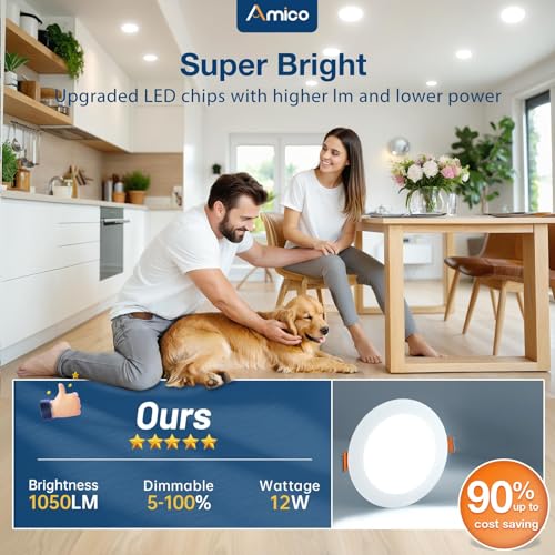 Amico أميكو 6 عبوة 6 بوصة 5CCT ضوء سقف LED رفيع للغاية مع صندوق تقاطع، 2700K/3000K/3500K/4000K/5000K قابل للاختيار، 12W يعادل 110W سطوع قابل للتعتيم ضوء وافر بدون علبة، معتمد من ETL و FCC - Image 4