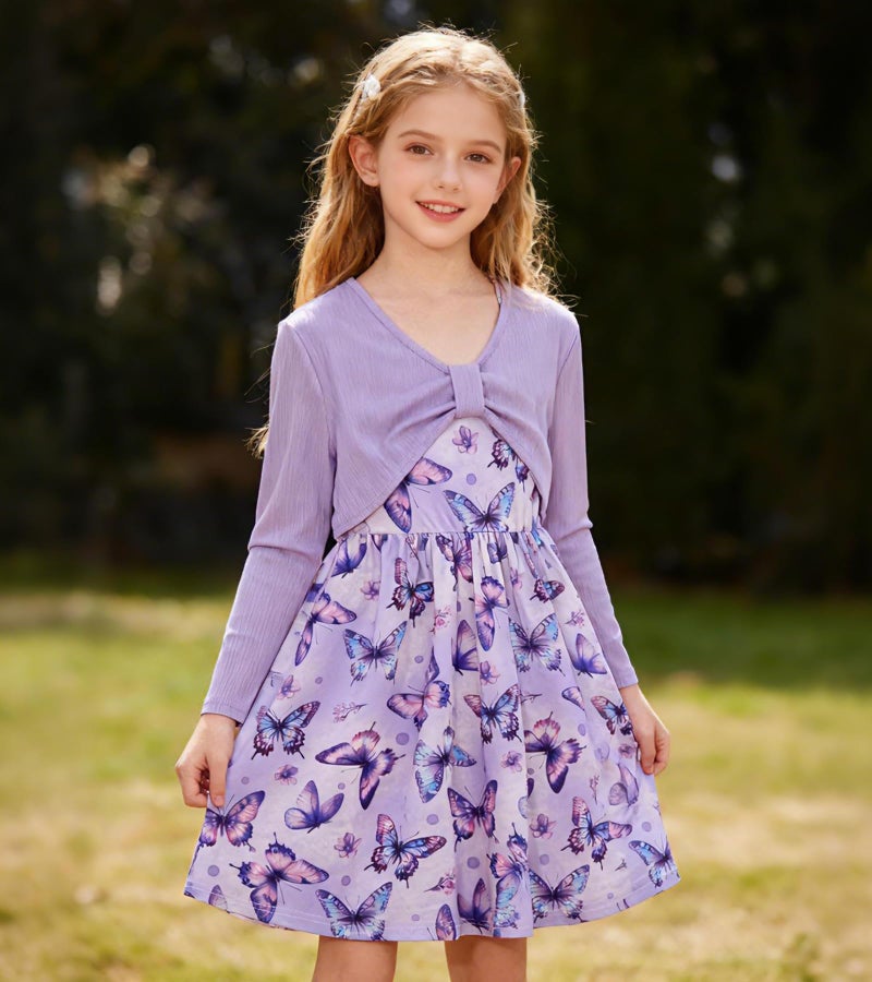 Kimoda Girls Cute 2 Piece Outfit 7-8 Years Purple Butterfly Dress with Long Sleeve Cardigan Set Kids Casual Fall Dress Birthday Gift - Image 4