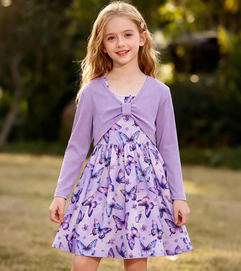 Kimoda Girls Cute 2 Piece Outfit 7-8 Years Purple Butterfly Dress with Long Sleeve Cardigan Set Kids Casual Fall Dress Birthday Gift - Image 2
