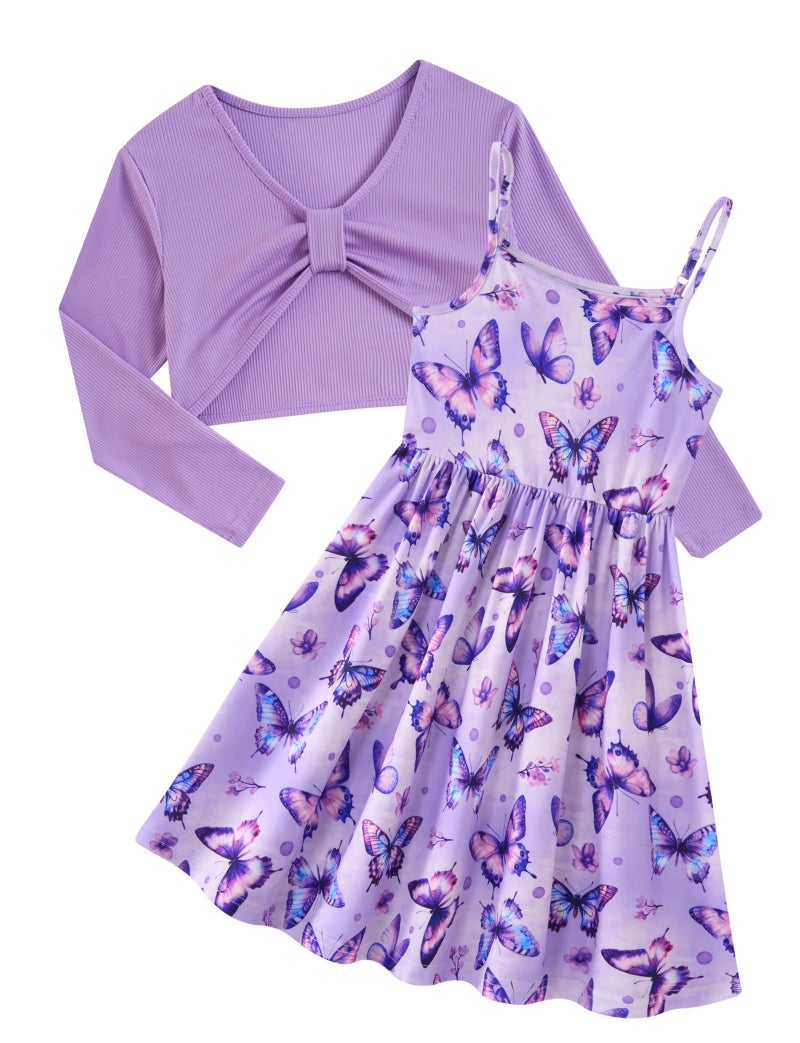 Kimoda Girls Cute 2 Piece Outfit 7-8 Years Purple Butterfly Dress with Long Sleeve Cardigan Set Kids Casual Fall Dress Birthday Gift - Image 1