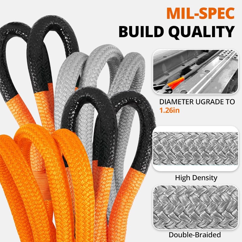 HOKINETY Kinetic Recovery Tow Rope: 1.26" x 30ft Snatch Strap with Soft Shackles Heavy Duty Offroad Towing Straps Kit for Trucks SUV UTV ATV Tractor Car Jeep - Orange - Image 2