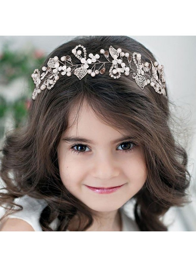 Campsis Princess Flower Headband For Girl Silver Rhinestones Pearl Flower Girls Headpiece Leaf Crystals Hair Accessories For Frist Communion Wedding Birthday Party Photography - Image 1