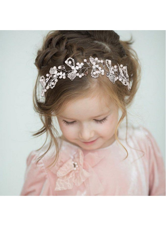 Campsis Princess Flower Headband For Girl Silver Rhinestones Pearl Flower Girls Headpiece Leaf Crystals Hair Accessories For Frist Communion Wedding Birthday Party Photography - Image 2