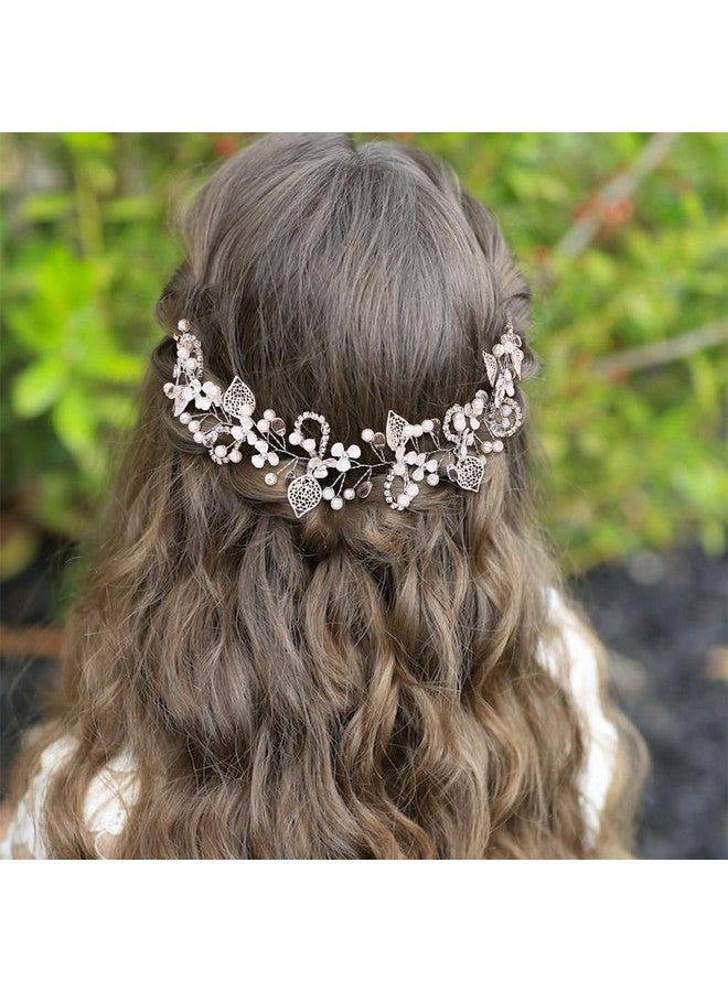 Campsis Princess Flower Headband For Girl Silver Rhinestones Pearl Flower Girls Headpiece Leaf Crystals Hair Accessories For Frist Communion Wedding Birthday Party Photography - Image 3