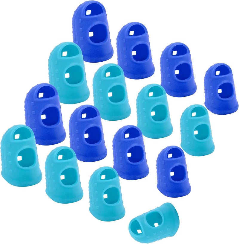 Wisdompro 16 Pcs Finger Tips, 4 Sizes Silicone Thimble Fingertip Grips Thumb Protectors Pads Cover for Hand Sewing, Paper Sorting, Page Turning, Money Counting, Guitar Playing - Blue, Aqua - Image 1