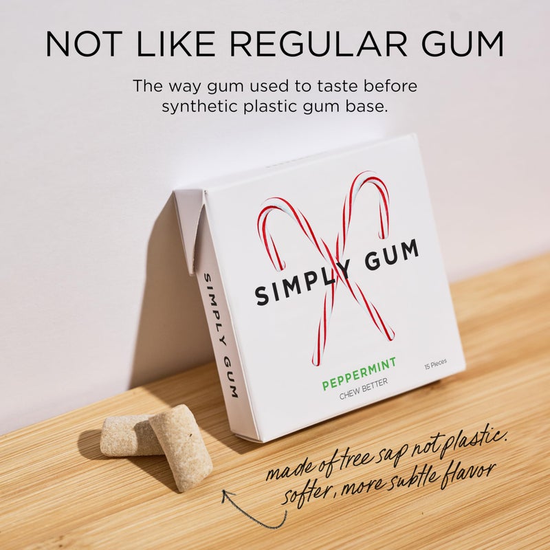 SIMPLY Gum Peppermint, Plastic-Free Natural Chewing Gum, Candy Cane Box 6 Pack (90 Pieces) | Vegan, Kosher, Non GMO, Aspartame Free and Sorbitol Free - Image 3
