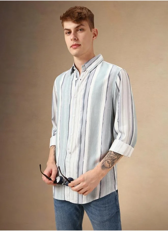 Dennis Lingo Striped Relaxed Fit Spread Collar Curved Hem Shirt