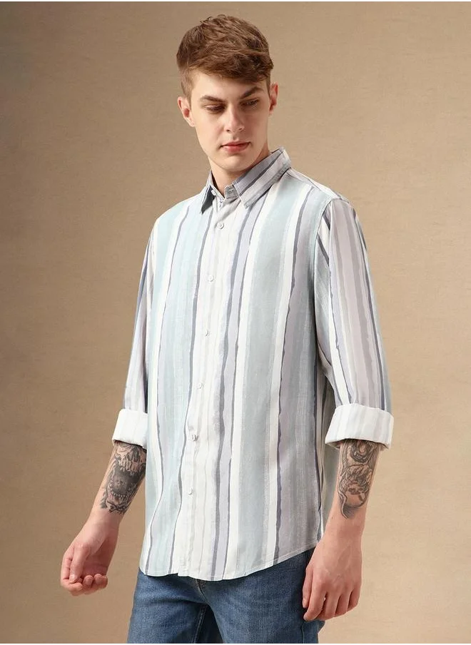 Dennis Lingo Striped Relaxed Fit Spread Collar Curved Hem Shirt