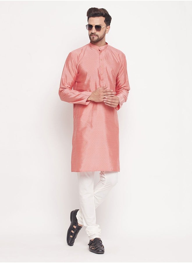 PRASHA - Men's Pink And Cream Silk Blend Kurta Pyjama Set - Image 1