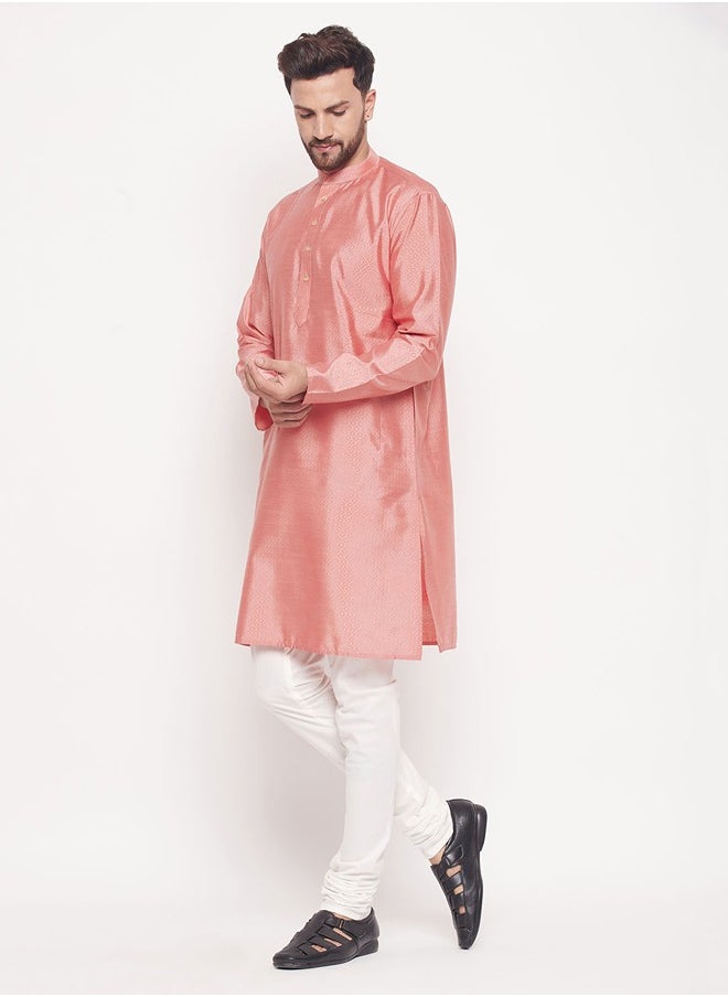 PRASHA - Men's Pink And Cream Silk Blend Kurta Pyjama Set - Image 1