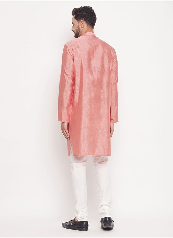 PRASHA - Men's Pink And Cream Silk Blend Kurta Pyjama Set - Image 1