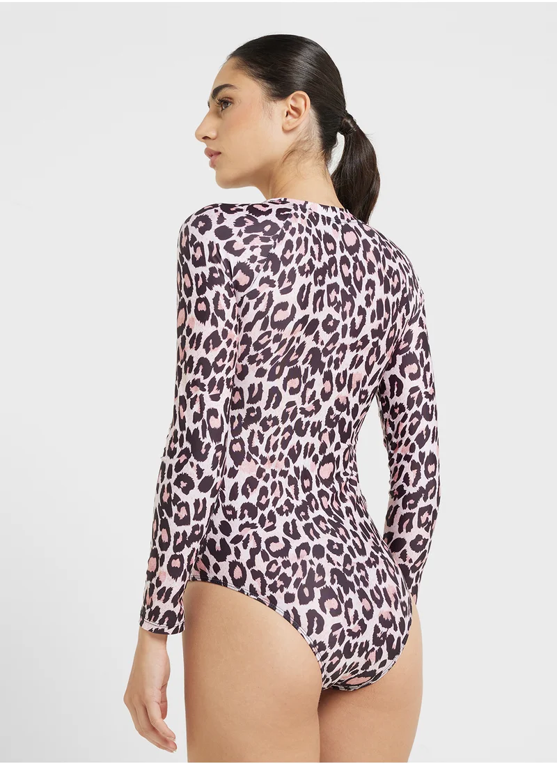 فورورد Zip Up Detail Leopard Print Swimsuit