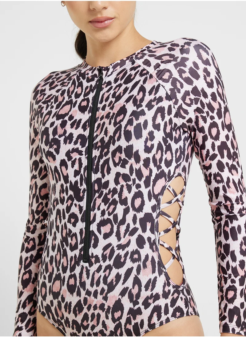 FRWD Zip Up Detail Leopard Print Swimsuit