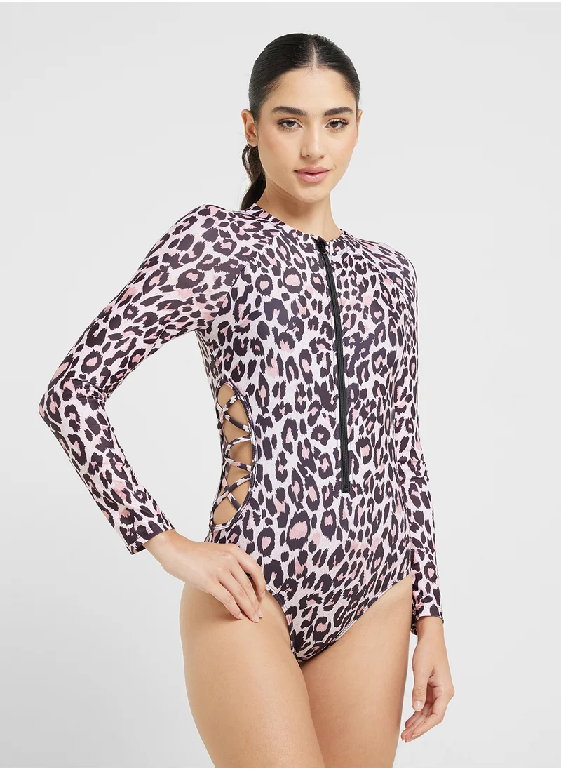 FRWD Zip Up Detail Leopard Print Swimsuit