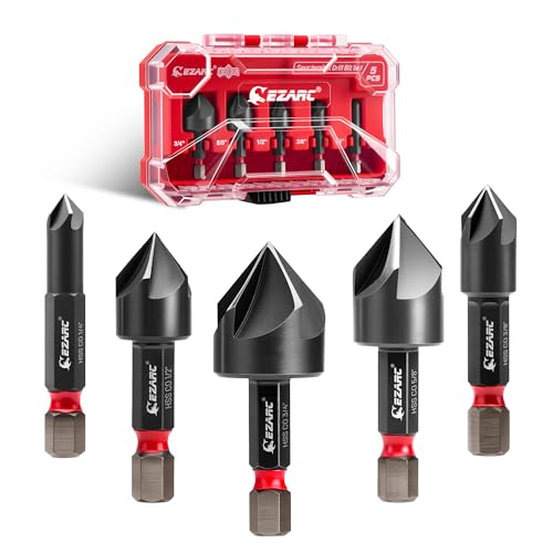EZARC Countersink Drill Bit Set for Hard Metal, Titanium Aluminum Nitride Coated Counter Sink Drill Bit with 1/4" Hex Shank, 82 Degree 5 Flutes Design, 1/4” 3/8” 1/2” 5/8” 3/4”, 5PCS with Storage Box - Image 1