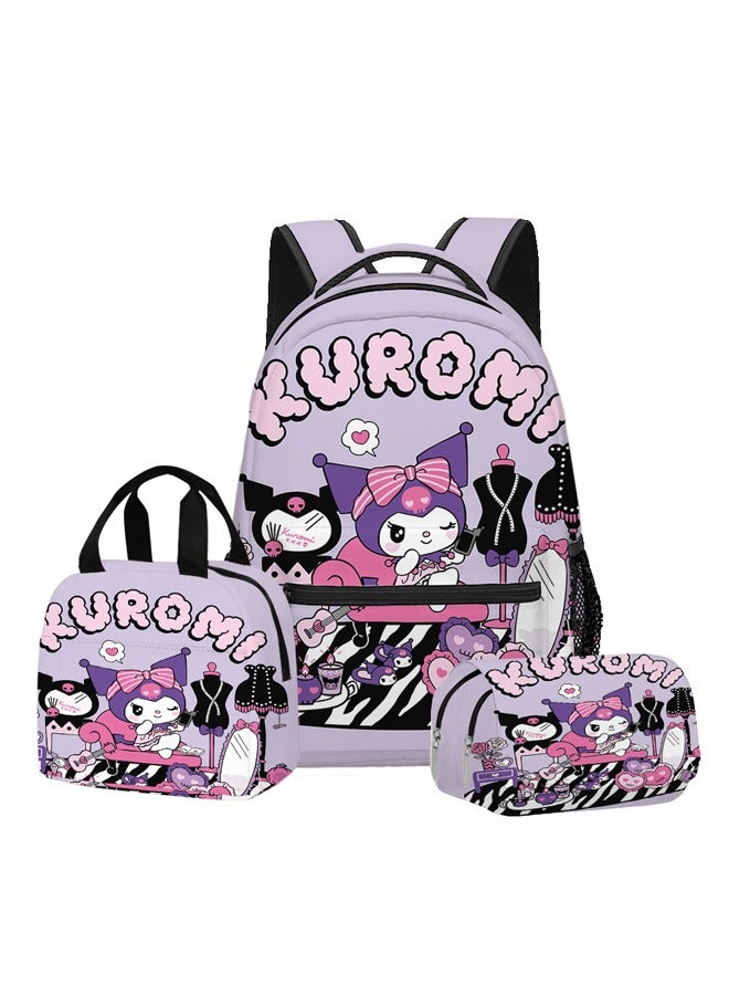 general Printed Sanrio Kuromi Student School Bag Backpack Lunch Bag Pencil Case Three-Piece Set - Image 1