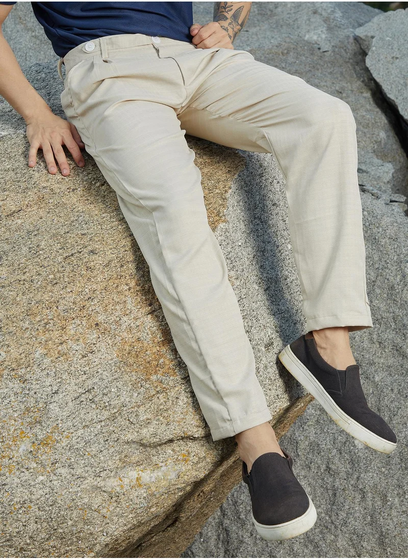 Campus Sutra Campus Sutra Men's Saltbox Beige Korean Tailored Trousers For Casual Wear | Regular Fit | Low-Rise | Button Closure | Trousers Crafted With Comfort Fit For Everyday Wear