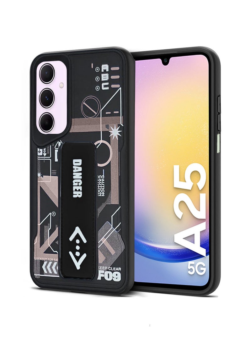 Techie Aesthetic Fashion Silicone Back Case Cover with Magnetic Hand Grip & Kickstand for Samsung Galaxy A25 – Black/Black  - Image 1