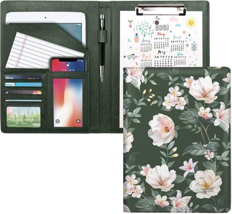 WAVEYU Portfolio Case for Women, Padfolio Cover for Girls, Conference/Resume/Legal Document Organizer with Letter/A4 Size Clipboard Hardboard, Business Card Holders, Green Flower - Image 1