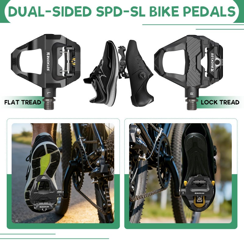 BUCKLOS SPD-SL Pedals Road Bike Clipless Flat Combo Dual Sides Pedal Compatible with Shimano Cleats-Carbon Fiber Sealed Bearing Bicycle Pedals Ride with Sneakers/Cycling Shoes - Image 4