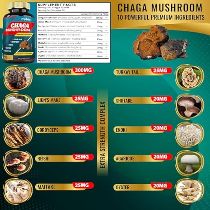Tenmido Chaga Mushroom Extract Capsules & Lions Mane, Cordyceps and More | Digestive Health, Vitality Support | Energy Boost, Rich in Health & Nutrients, 3 Months Supply - Image 3