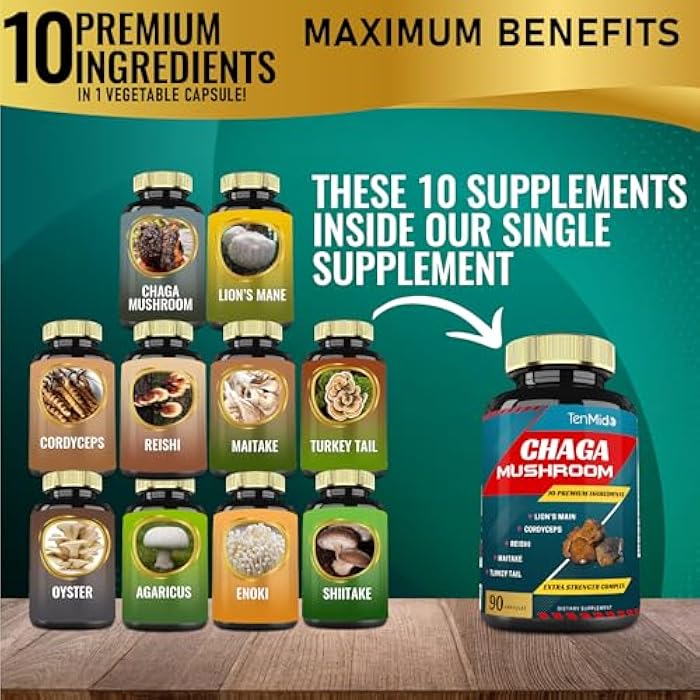 Tenmido Chaga Mushroom Extract Capsules & Lions Mane, Cordyceps and More | Digestive Health, Vitality Support | Energy Boost, Rich in Health & Nutrients, 3 Months Supply - Image 2