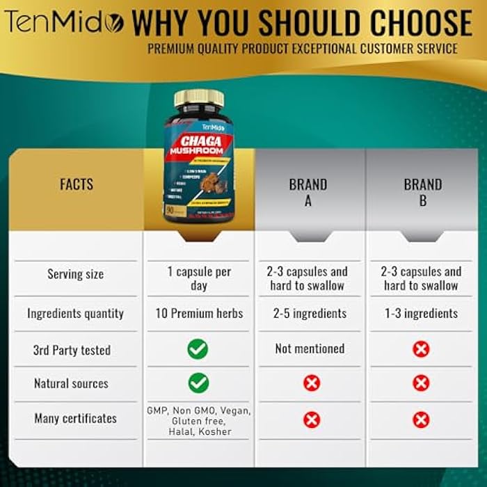 Tenmido Chaga Mushroom Extract Capsules & Lions Mane, Cordyceps and More | Digestive Health, Vitality Support | Energy Boost, Rich in Health & Nutrients, 3 Months Supply - Image 4