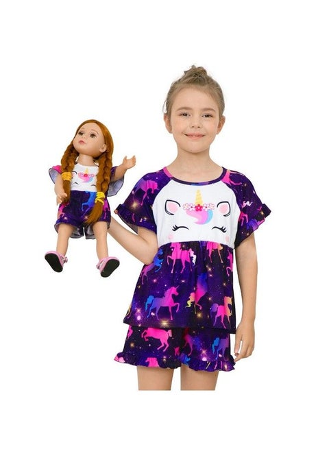 Girl & Doll Matching Pajamas Unicorn Outfit Clothes For Girls And 18" Dolls Pajama Sets (Doll Not Included) Dark Purple 7 8 Years