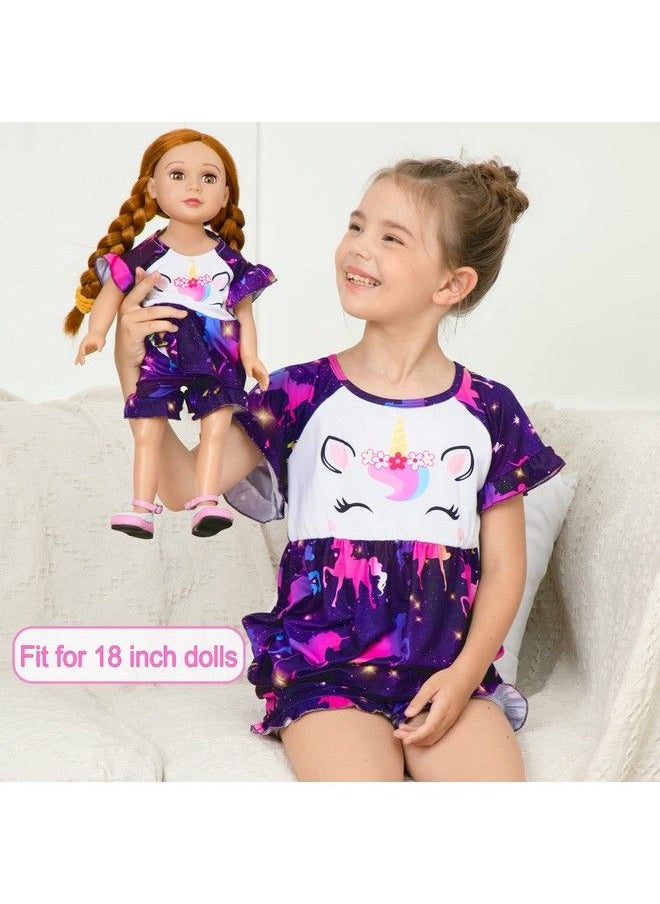 Play Tailor - ملابس نوم مطابقة للبنات والدمى زي يونيكورن للبنات ودمى 18 بوصة_sets نوم (الدمية غير مشمولة) بنفسجي داكن 7 8 سنوات - Image 1