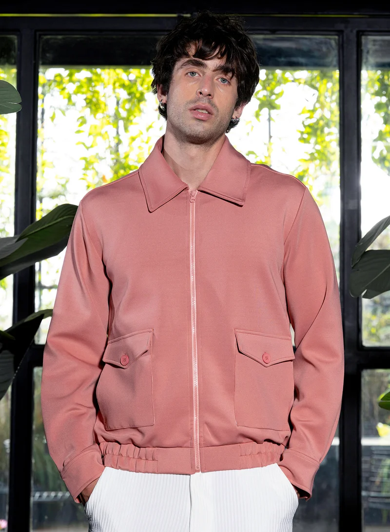 Campus Sutra Men Zip-Front Knit Jacket | Point Collar, Long Button-Cuff Sleeves | Zipper , Stretch-Straight Hem | Solid Fleece Knitted Fabric For Casual & Daily Wear | Blush Pink