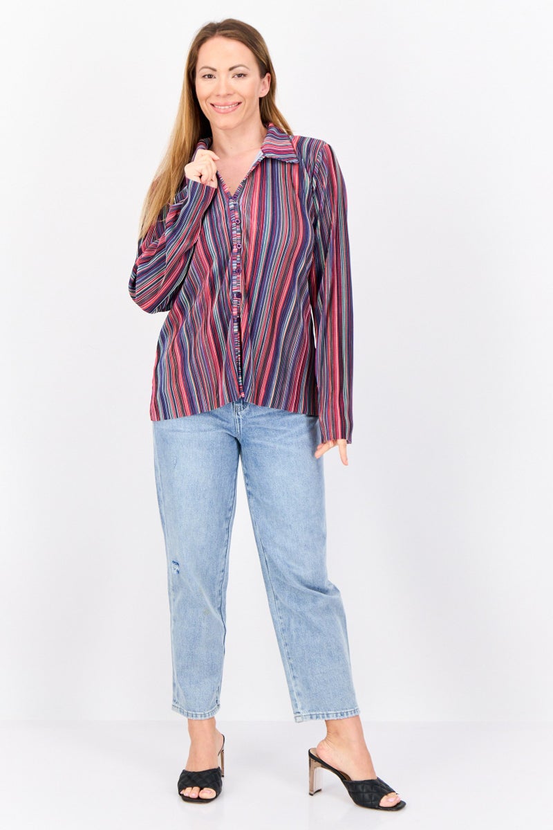 Cyrus Women Spread Collar Long Sleeve Textured Blouse, Multicolor  - Image 2