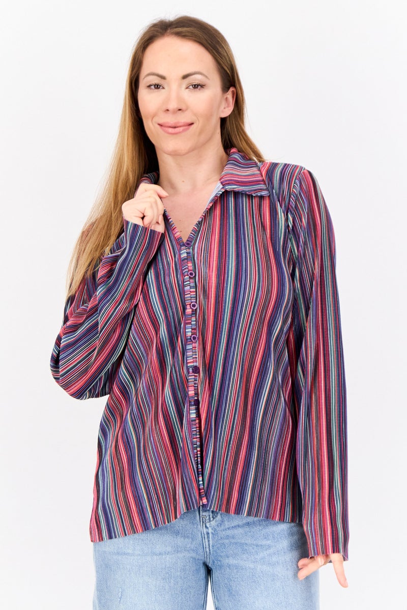 Cyrus Women Spread Collar Long Sleeve Textured Blouse, Multicolor  - Image 1