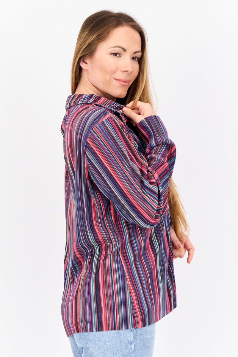 Cyrus Women Spread Collar Long Sleeve Textured Blouse, Multicolor  - Image 3