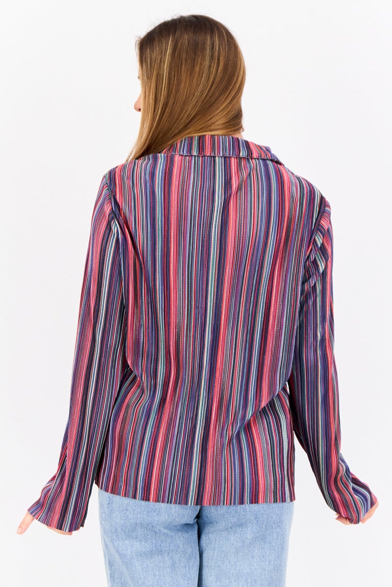 Cyrus Women Spread Collar Long Sleeve Textured Blouse, Multicolor  - Image 4