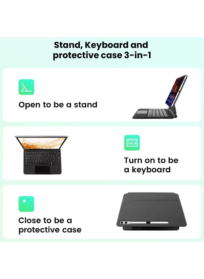 أوتشوانغ حافظة مغناطيسية بلوحة مفاتيح عربية لسامسونج جالكسي تاب S7/S8/S9/S9 FE، حافظة كيبورد سامسونج تاب 11 انش، لوحة تحكم باللمس دقيقة، اضاءة خلفية 7 الوان - اسود - Image 5