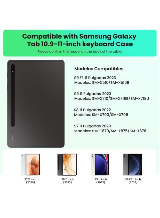 أوتشوانغ حافظة مغناطيسية بلوحة مفاتيح عربية لسامسونج جالكسي تاب S7/S8/S9/S9 FE، حافظة كيبورد سامسونج تاب 11 انش، لوحة تحكم باللمس دقيقة، اضاءة خلفية 7 الوان - اسود - Image 2
