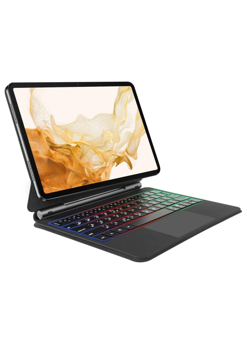 أوتشوانغ حافظة مغناطيسية بلوحة مفاتيح عربية لسامسونج جالكسي تاب S7/S8/S9/S9 FE، حافظة كيبورد سامسونج تاب 11 انش، لوحة تحكم باللمس دقيقة، اضاءة خلفية 7 الوان - اسود - Image 1