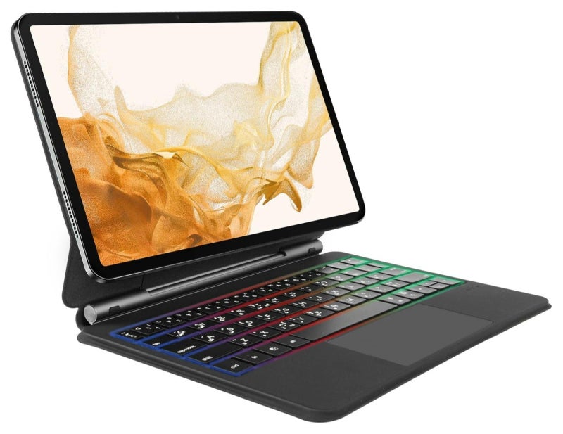 أوتشوانغ حافظة مغناطيسية بلوحة مفاتيح عربية لسامسونج جالكسي تاب S7/S8/S9/S9 FE، حافظة كيبورد سامسونج تاب 11 انش، لوحة تحكم باللمس دقيقة، اضاءة خلفية 7 الوان - اسود - Image 1