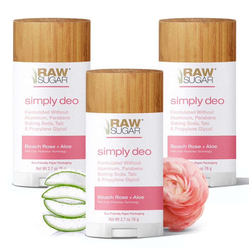 مجموعة عصا مزيل العرق خالية من الألمنيوم من RAW SUGAR - حزمة بسيطة من 3 مزيلات عرق للجسم بالكامل للنساء والرجال - تركيبة نظيفة بدون بيكربونات الصوديوم أو التلك أو البارابين - رائحة ورد الشاطئ والألوة