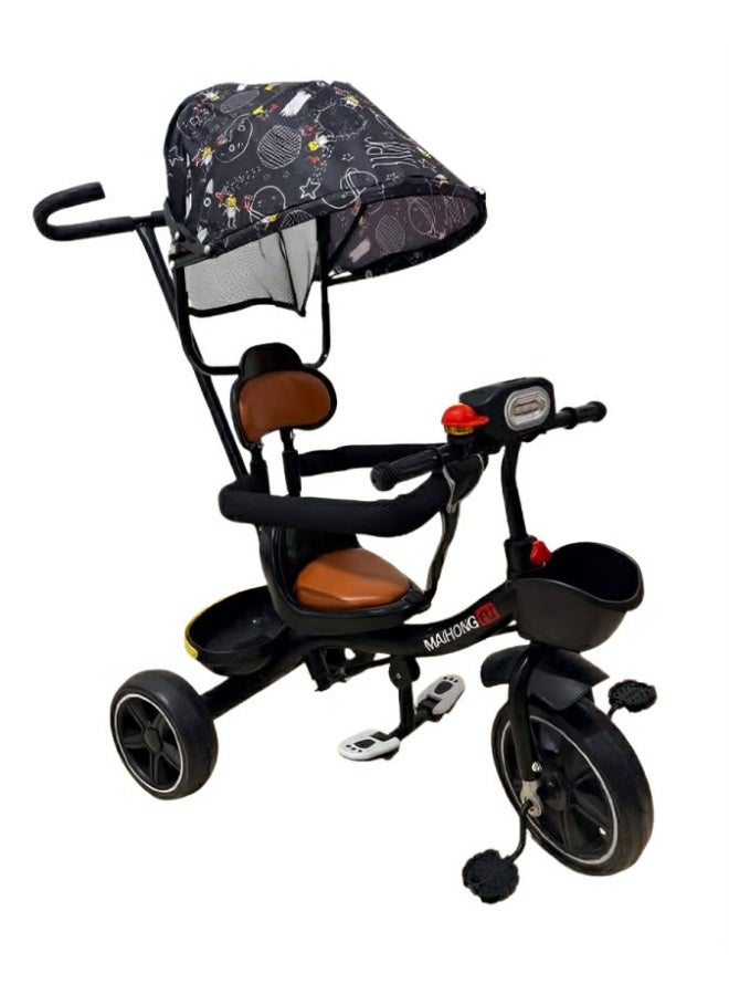 4 in 1 Convertible Baby Tricycle, Kid's Trike Ride On with Parental Adjust Push Handle, Children Tricycle with Canopy, Bicycle for Kids, Suitable for Boys & Girls_Happy_kiddo_(BLACK)