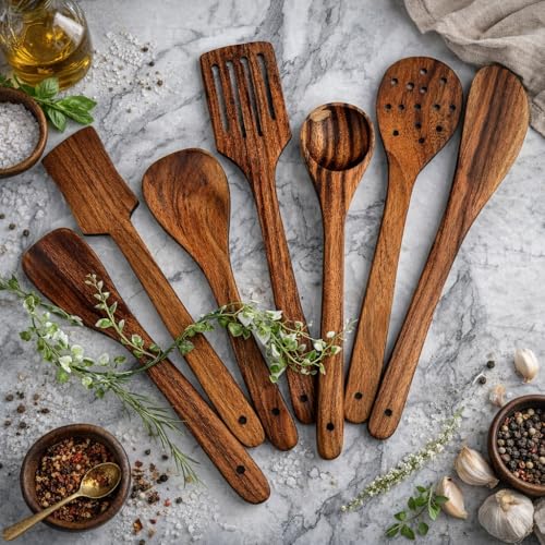 Twizzle Natural Wooden Cooking Utensils Set – 7-Piece Wooden Spoons & Spatula Set (35.56 cm), Smooth Solid Wood, Non-Scratch & Non-Stick Safe Kitchen Cookware Tools - Image 4