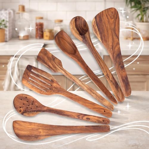 Twizzle Natural Wooden Cooking Utensils Set – 7-Piece Wooden Spoons & Spatula Set (35.56 cm), Smooth Solid Wood, Non-Scratch & Non-Stick Safe Kitchen Cookware Tools - Image 3