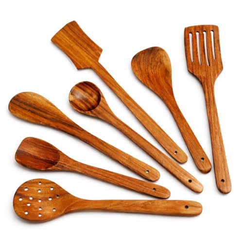 Twizzle Natural Wooden Cooking Utensils Set – 7-Piece Wooden Spoons & Spatula Set (35.56 cm), Smooth Solid Wood, Non-Scratch & Non-Stick Safe Kitchen Cookware Tools - Image 1