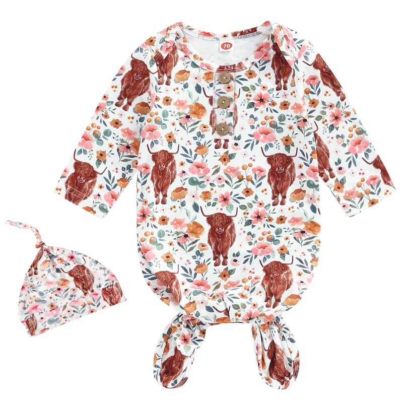 AMAWMW Newborn Baby Girl Highland Cow Print knotted Gowns Western Nightgown Outfit Infant Baby Girl Shower Gifts Essential - Image 1