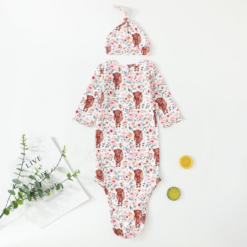 AMAWMW Newborn Baby Girl Highland Cow Print knotted Gowns Western Nightgown Outfit Infant Baby Girl Shower Gifts Essential - Image 4