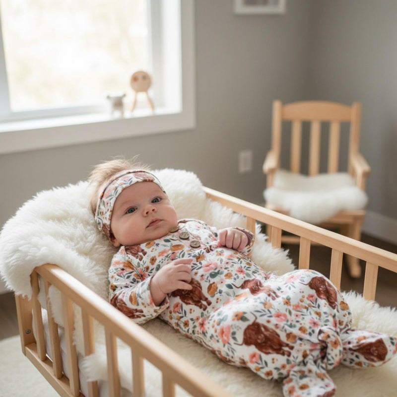 AMAWMW Newborn Baby Girl Highland Cow Print knotted Gowns Western Nightgown Outfit Infant Baby Girl Shower Gifts Essential - Image 3