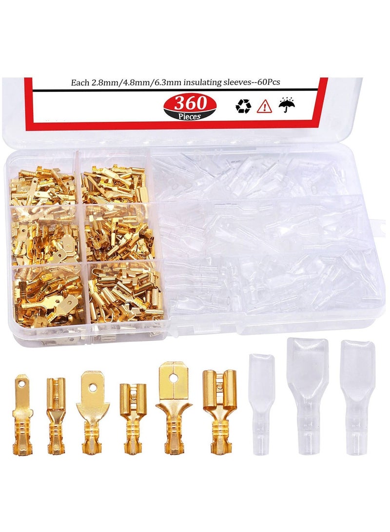 360Pcs 2.8/4.8/6.3mm Quick Splice Male and Female Wire Spade Connector Crimp Terminal Block Assortment Kit Golden with Insulating Sleeve forCar Audio Speaker  - Image 1