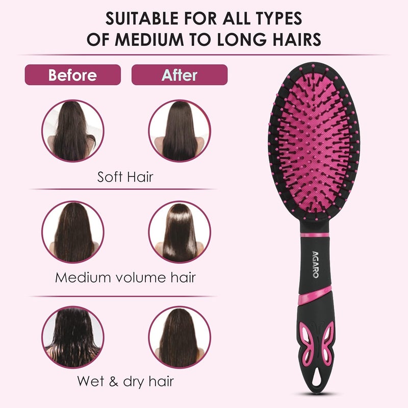 AGARO Delight Cushion Hair Brush with Strong & flexible nylon bristles, having Anti-static ball tips, for Grooming, Straightening, Detangling Hair, ideal for Men & Women, Pink & Black - Image 3