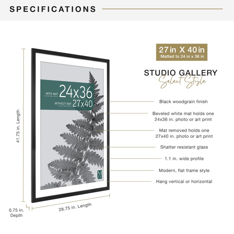 MCS Studio Gallery 27x40 Matted Poster Frame with 24x36 Picture Display, Black Woodgrain Engineered Wood Vertical & Horizontal Wall Hanging Large Picture Frame for Photos, Posters & Art Prints (1-Pack) - Image 4